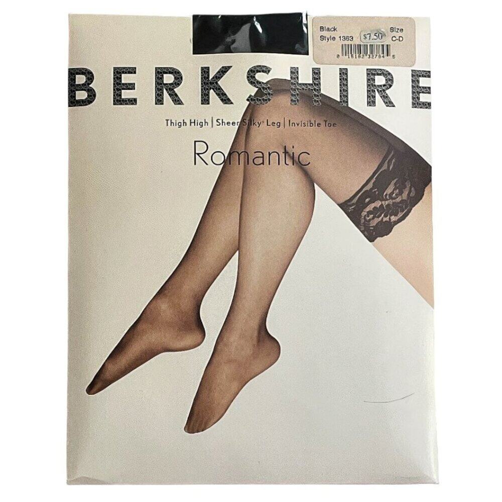 NOS Berkshire Romantic Black Vintage Sheer Silky Thigh High Stockings Size CD